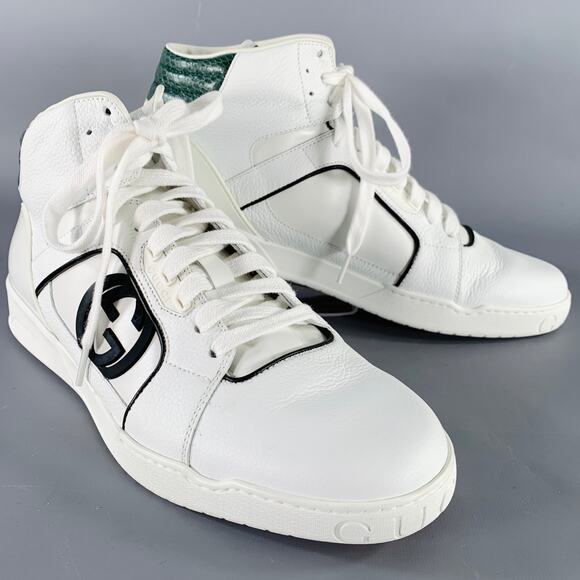 GUCCI Size 10 White Green Black Color Block Leather High Top Sneakers - Picture 1 of 10